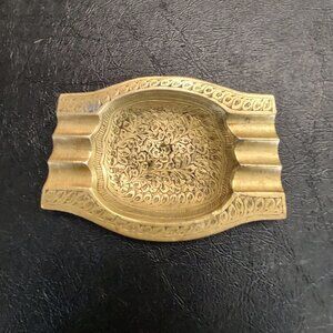 Vintage Solid Brass, Engraved Floral/Leaves Cigar/Cigarette Ashtray